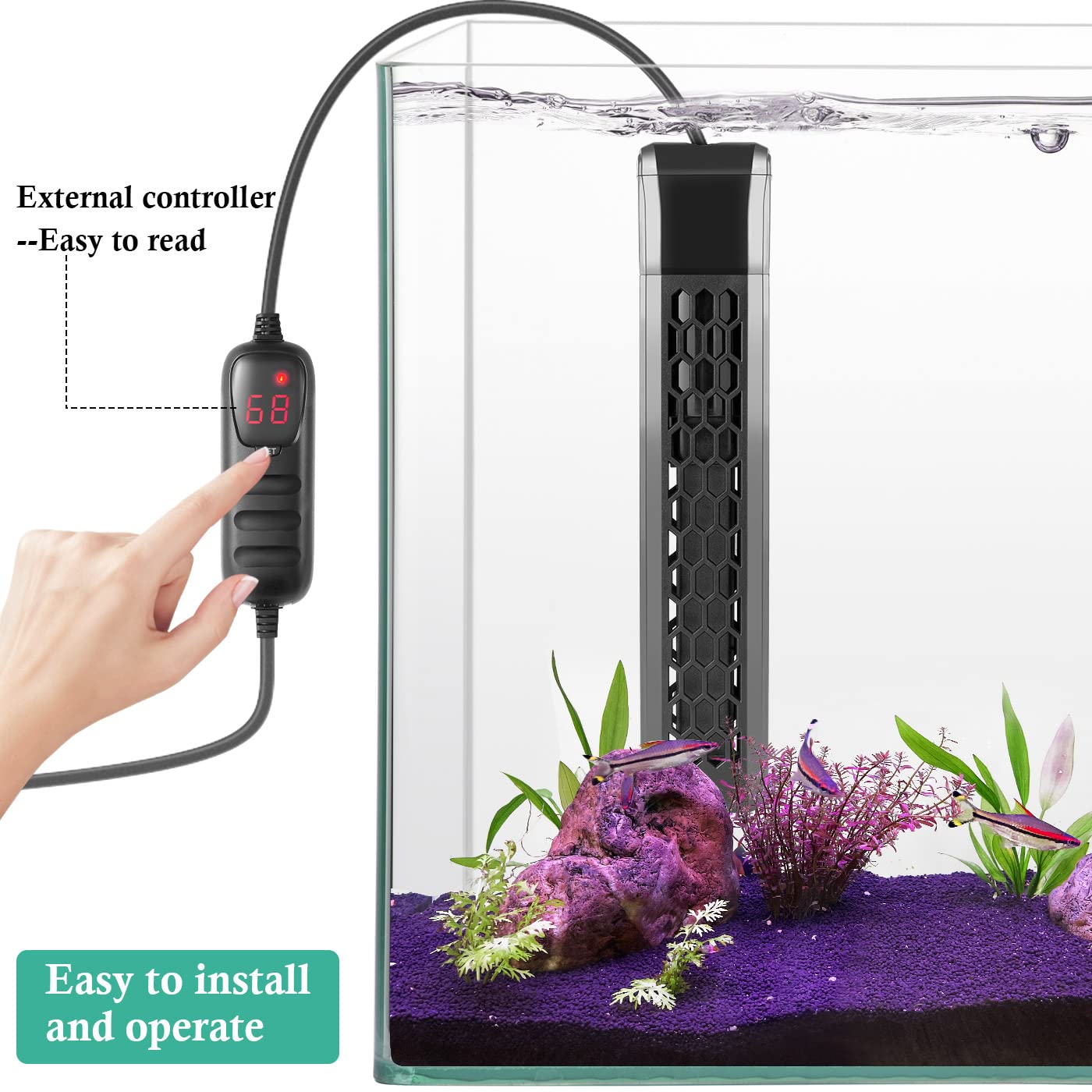Hitop aquarium heater shown in seawater and freshwater use