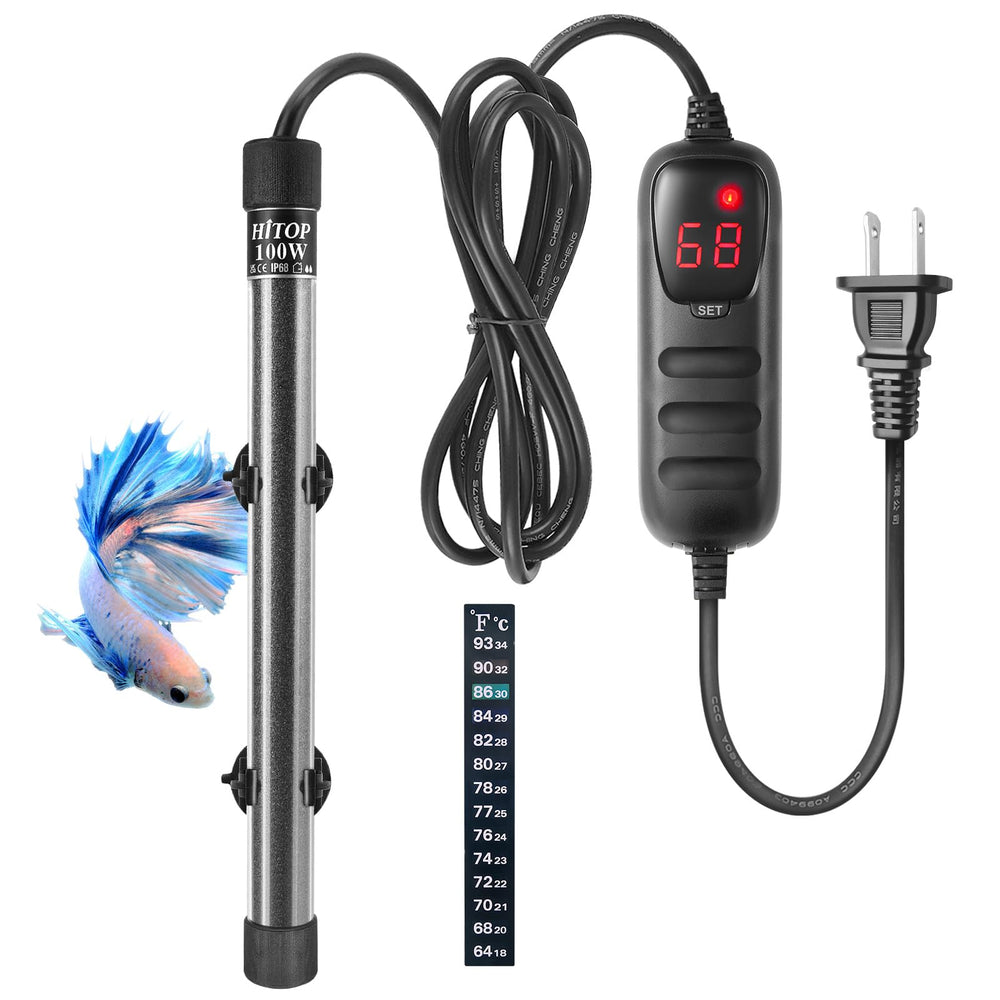 Hitop compact 100W heater, front view, reliable warmth for small freshwater or saltwater tanks.