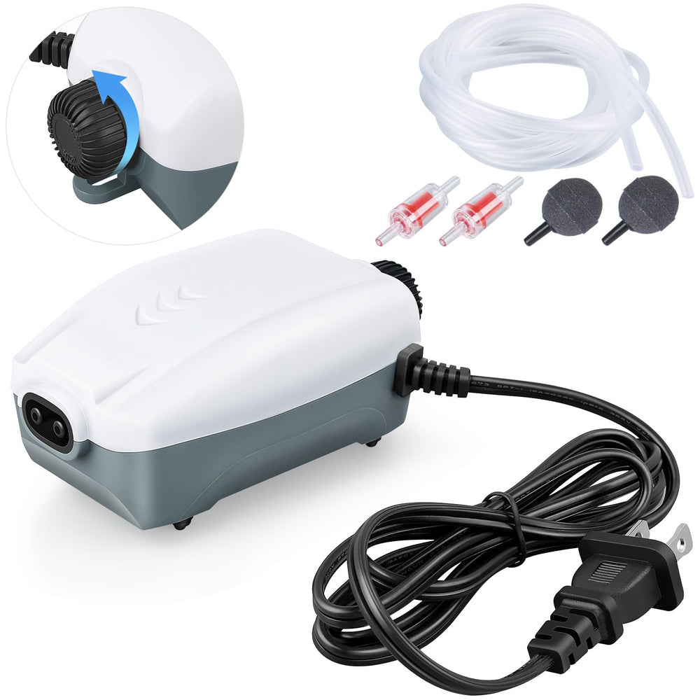Hitop dual-outlet air pump delivers even aeration in the aquarium.