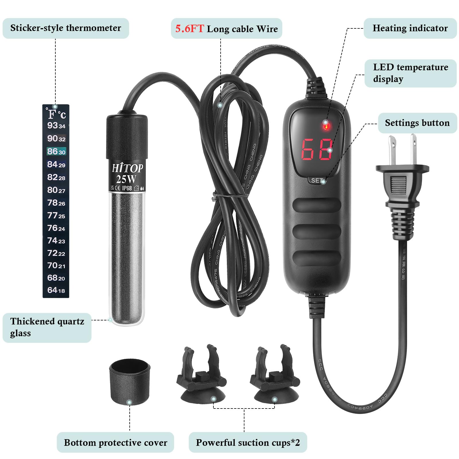 HITOP 50W heater display shows set and real-time water temperature