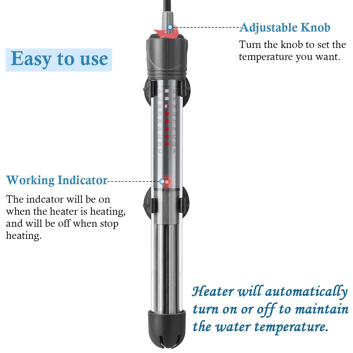 Hitop thermostat with adjustable range supports precise control from 68 to 93°F.