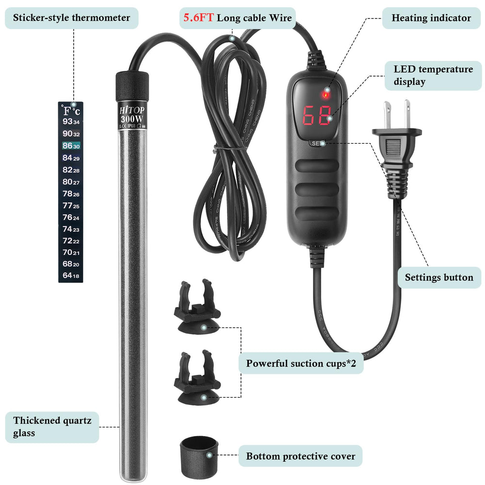Hitop heater supports 68-93°F range for adaptable tanks.