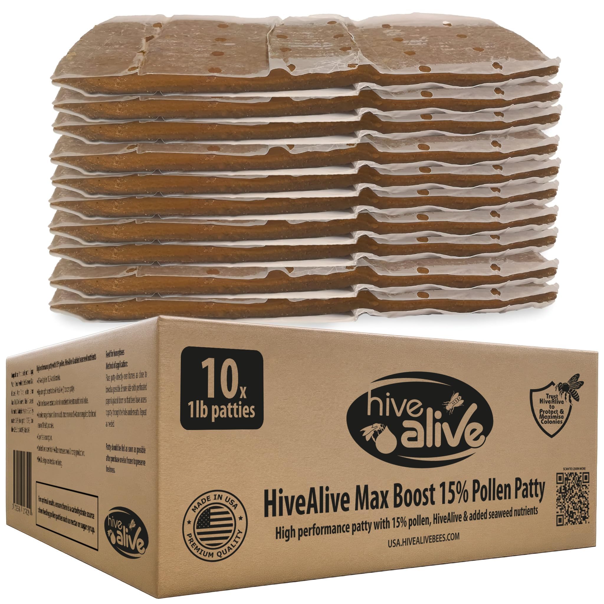 HIVE ALIVE pollen patty over brood frames for quick access and nutrition.