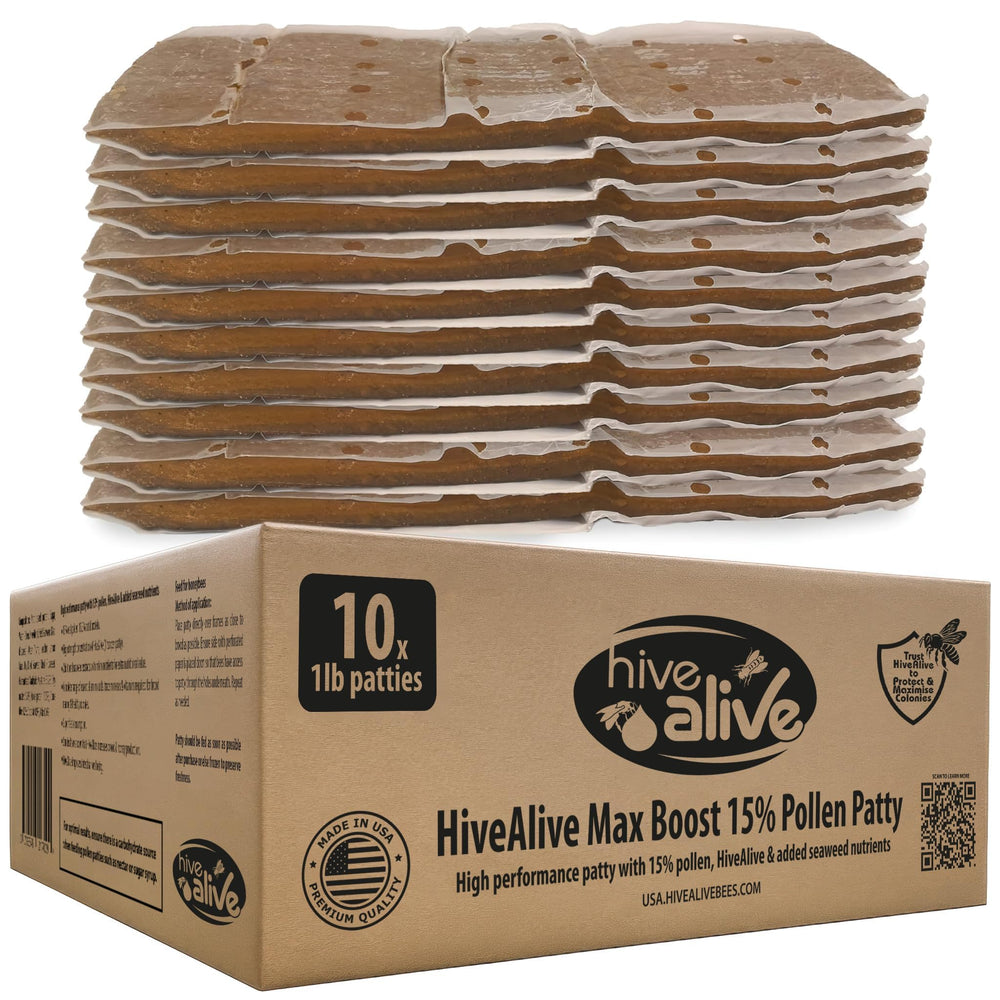 HIVE ALIVE pollen patty over brood frames for quick access and nutrition.