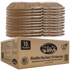 HIVE ALIVE pollen patty over brood frames for quick access and nutrition.