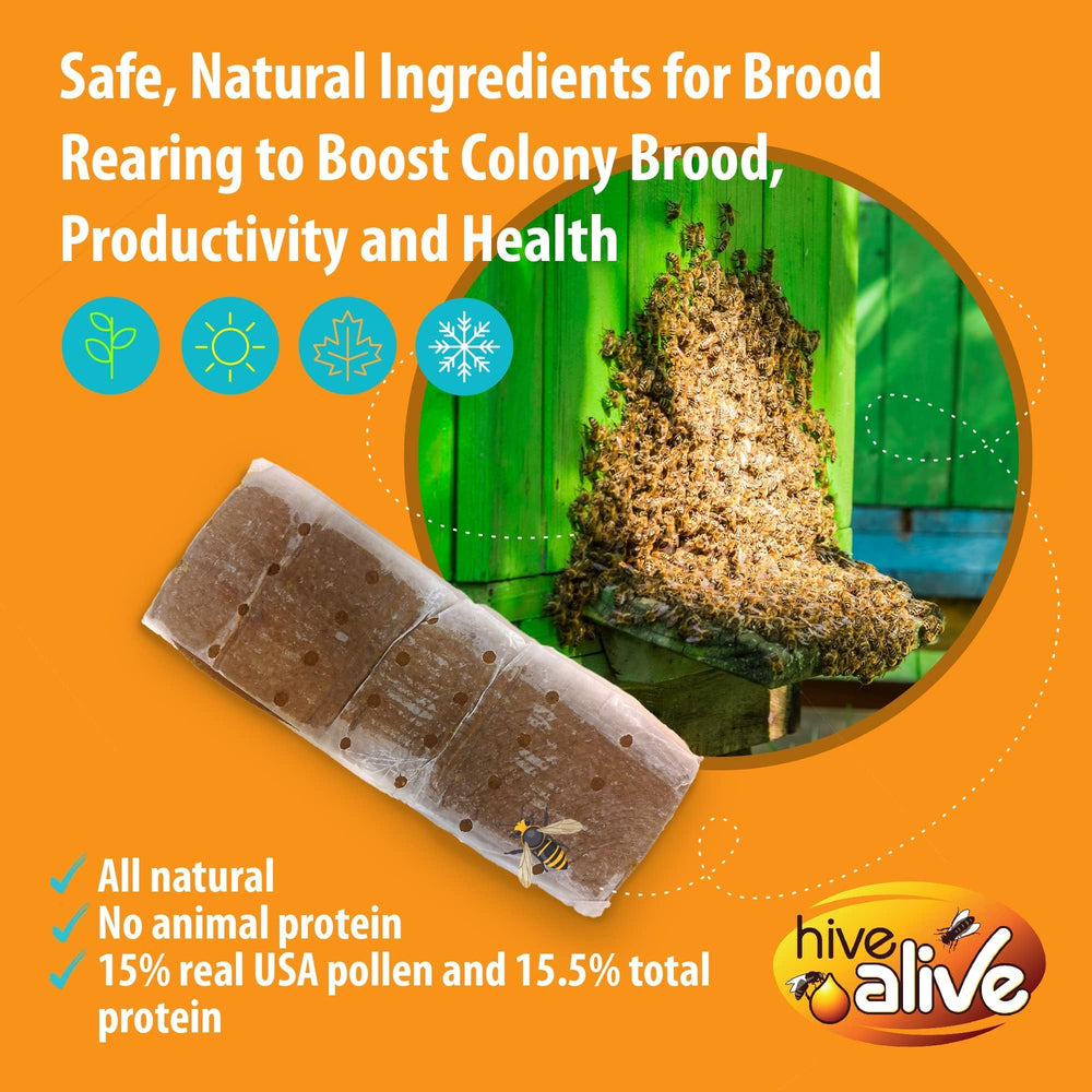 HIVE ALIVE pollen patty with 15% USA pollen supports spring brood buildup.