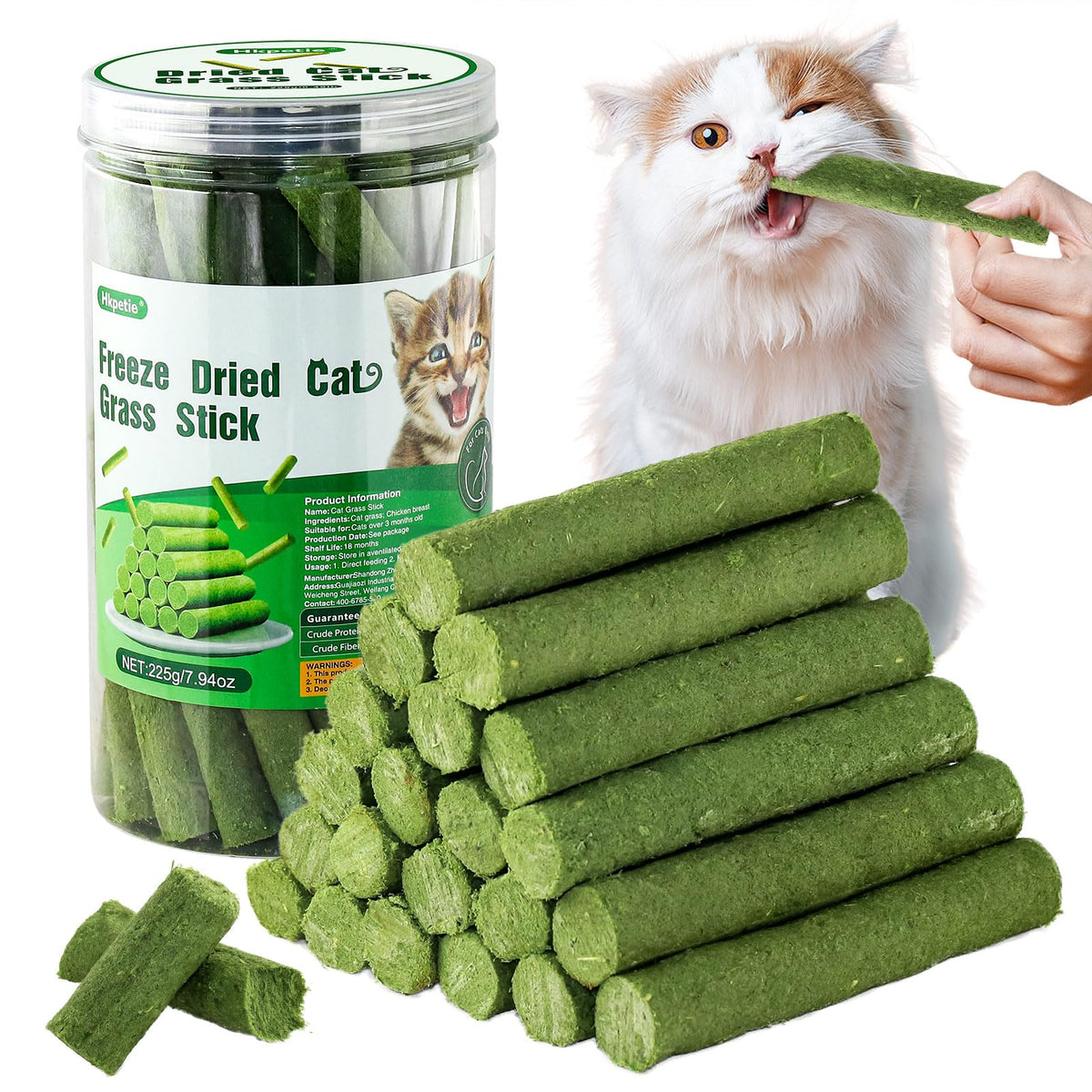HKpetie cat grass teething stick close-up with chicken flavor for irresistible chewing.