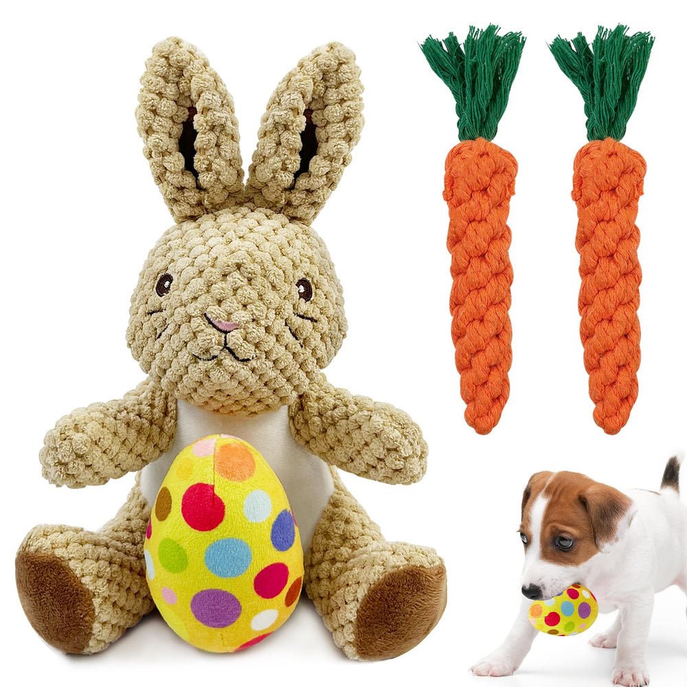 Hlimior Easter dog squeaker rabbit plush for interactive play and dental stimulation.
