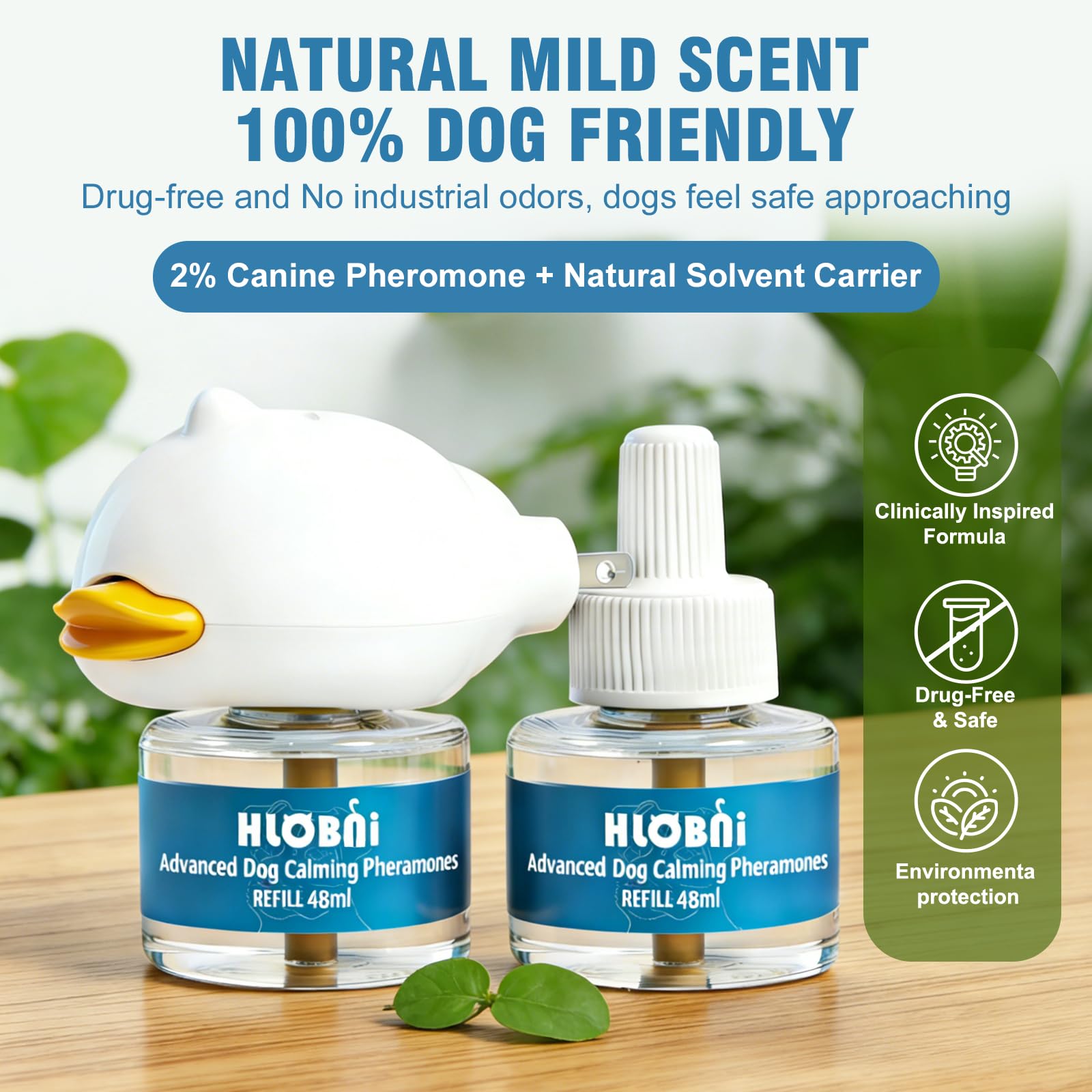 HLOBNI dog calming diffuser pair on nightstand at dusk
