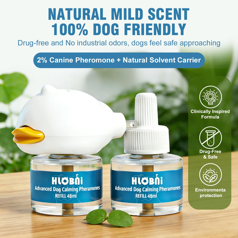 HLOBNI dog calming diffuser pair on nightstand at dusk