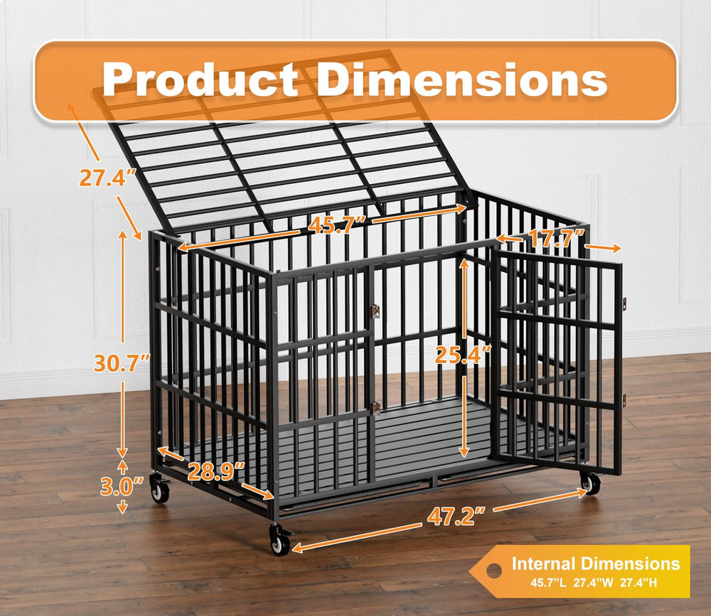 HMHTCT heavy-duty crate, side view, showing locking wheels for stability.
