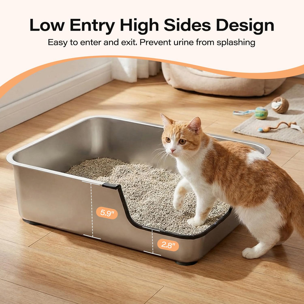 HNeekyr stainless steel cat litter box high-sides design reduces scatter.