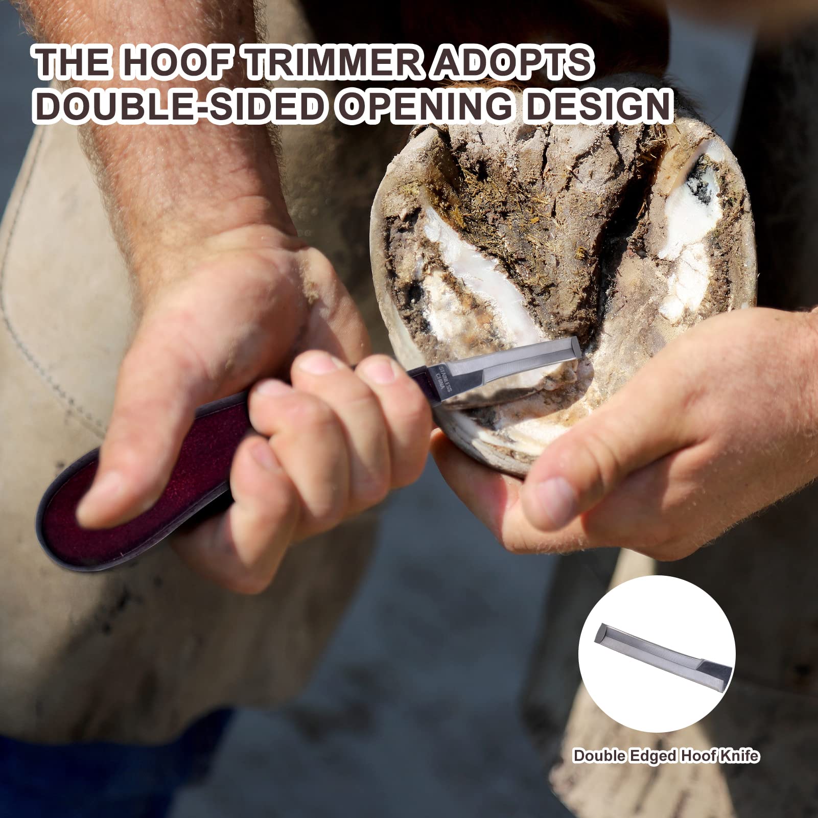 HNONPW double-edged hoof knife provides comfortable leverage for efficient trimming.