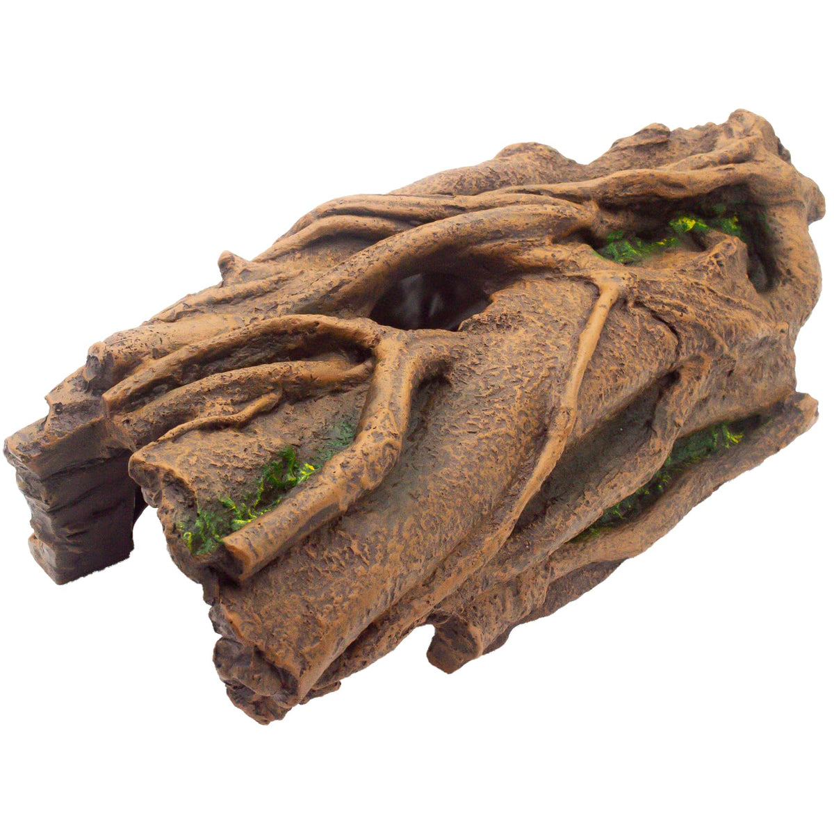 Hoeine large hollow log reptile hide giving a secure retreat for ball python and bearded dragon.