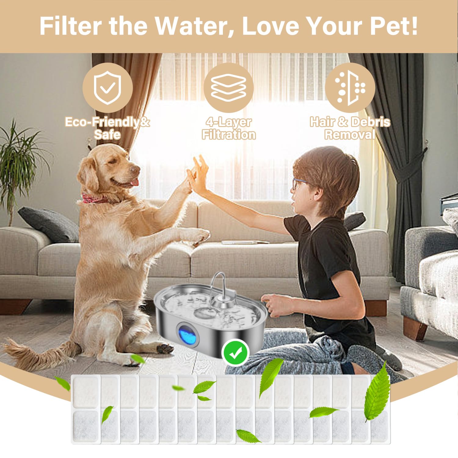 HOETEK 3-4gal dog fountain filter concentrates clean water with carbon and ion exchange