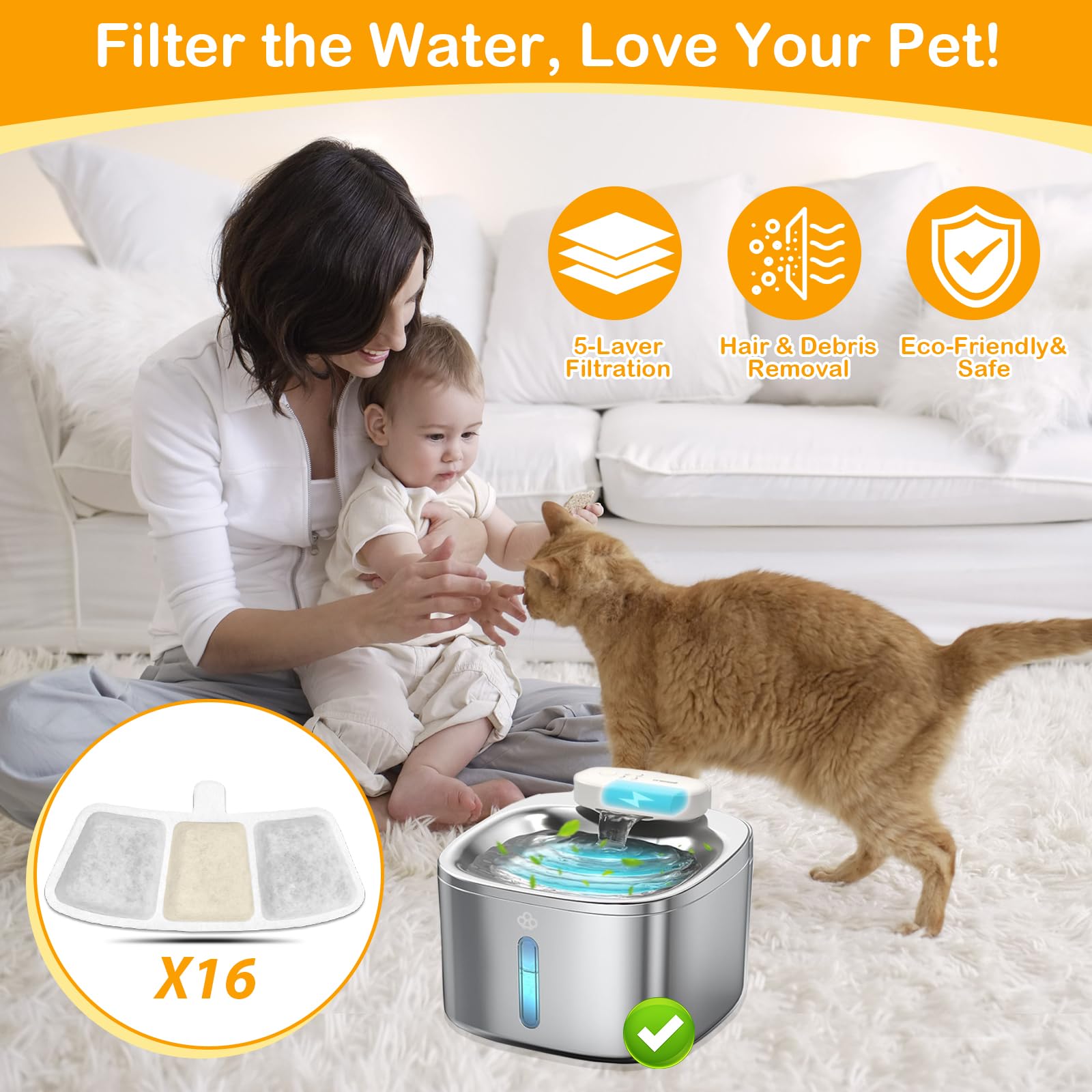 HOETEK 5-layer filtration system with carbon and ceramic elements for cat water