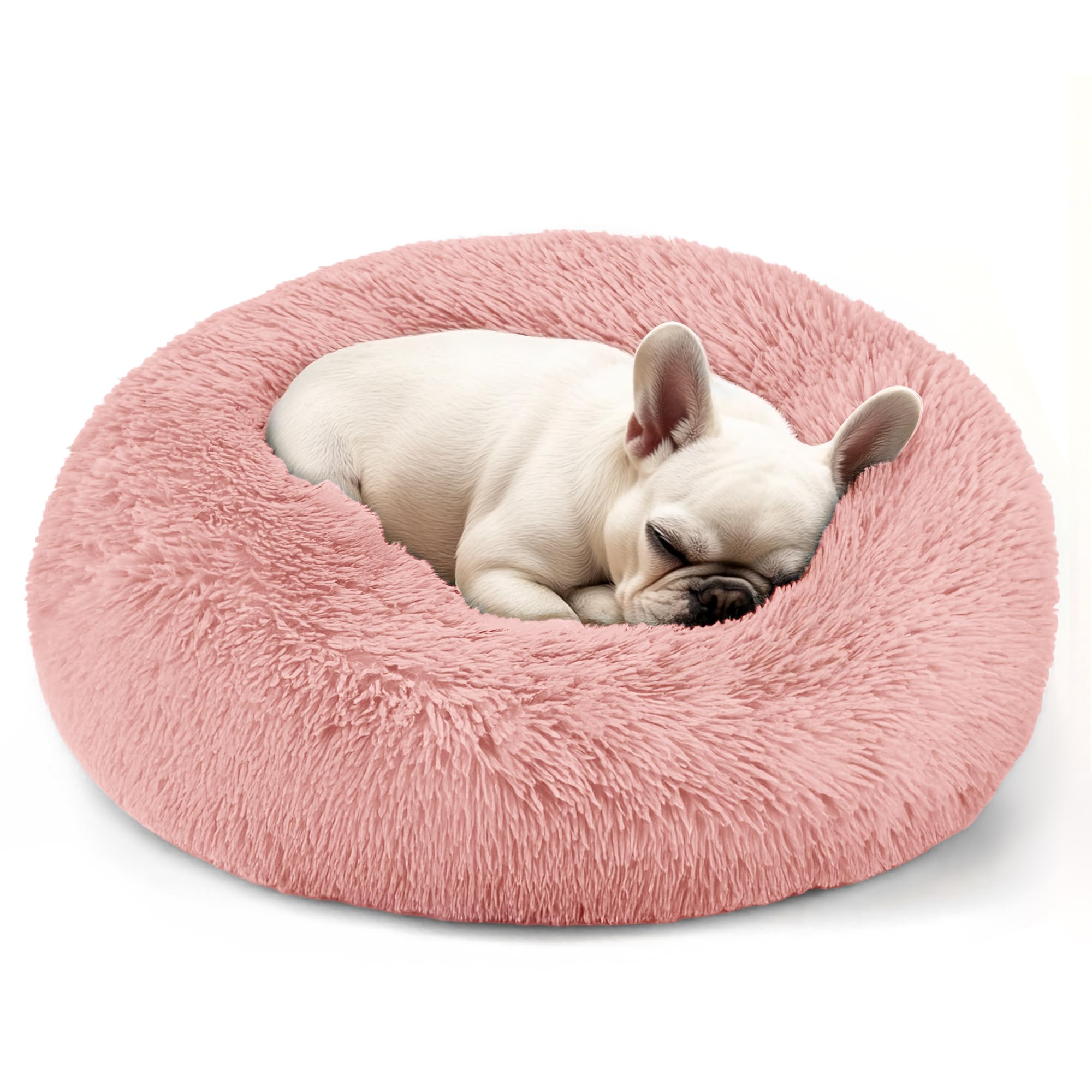 Hoewina 20in pink donut bed top view highlights cozy comfort for pets.