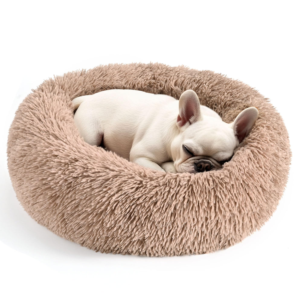 Hoewina round camel dog bed with plush surface for cozy naps.