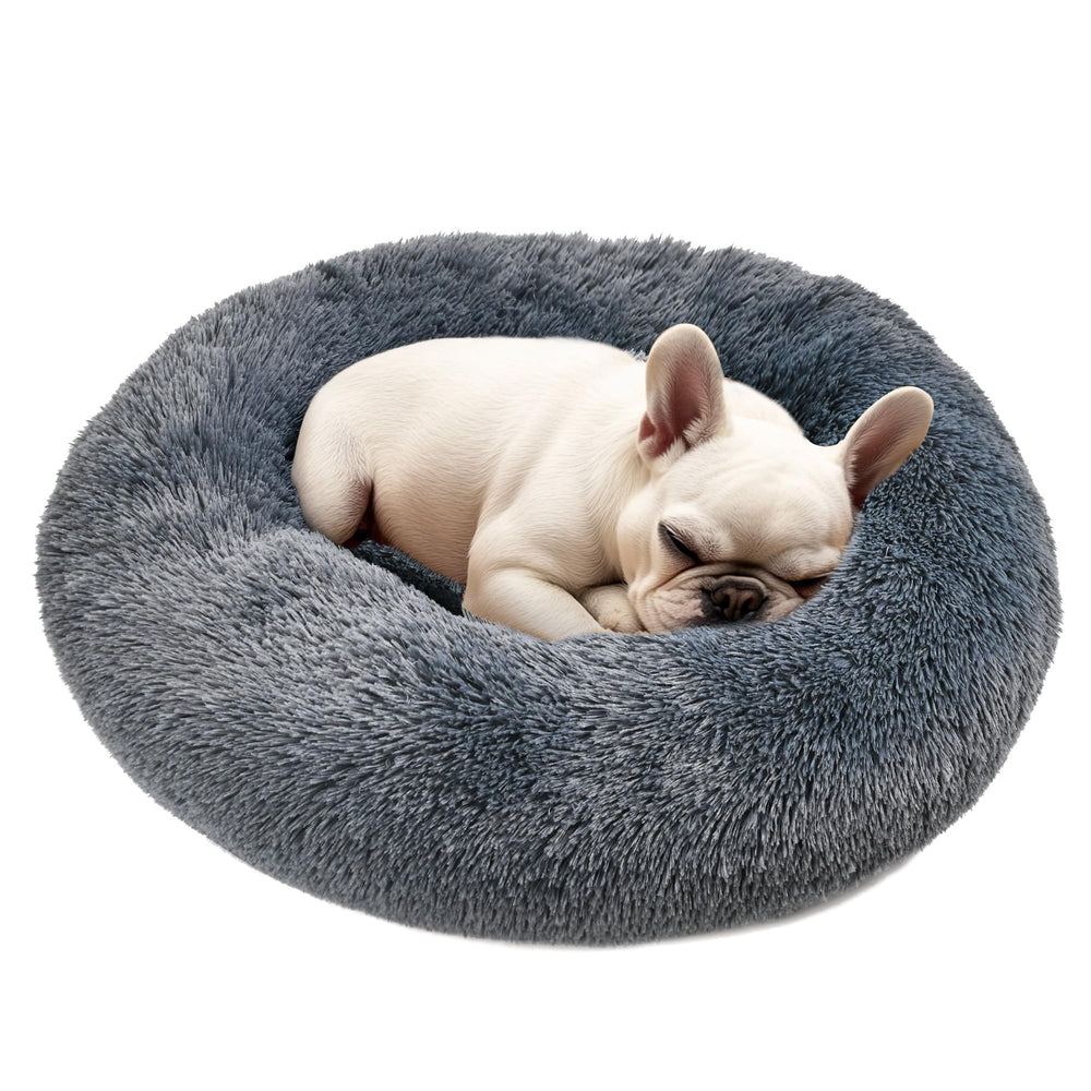 Hoewina donut bed dark grey close-up with plush fabric for cozy comfort.