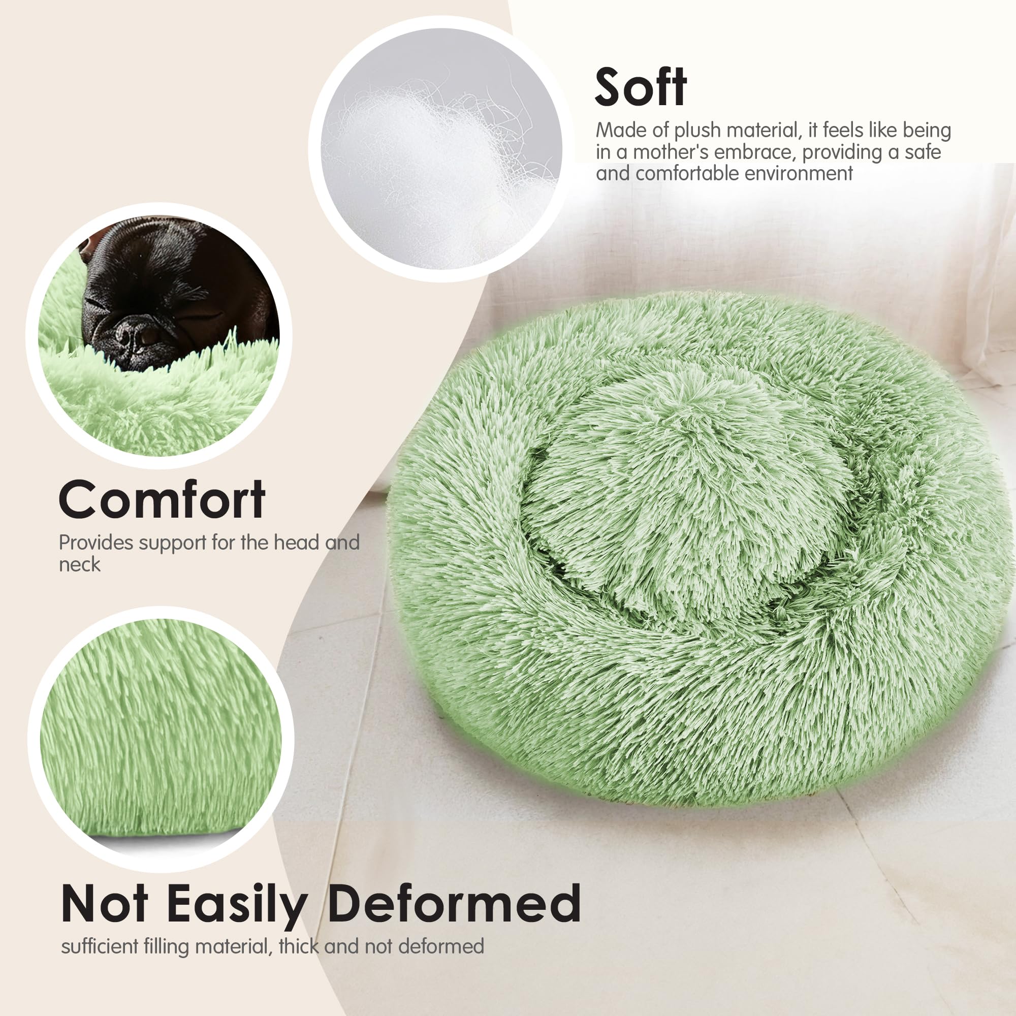 Hoewina donut bed green plush fabric emphasizes cozy warmth for pets