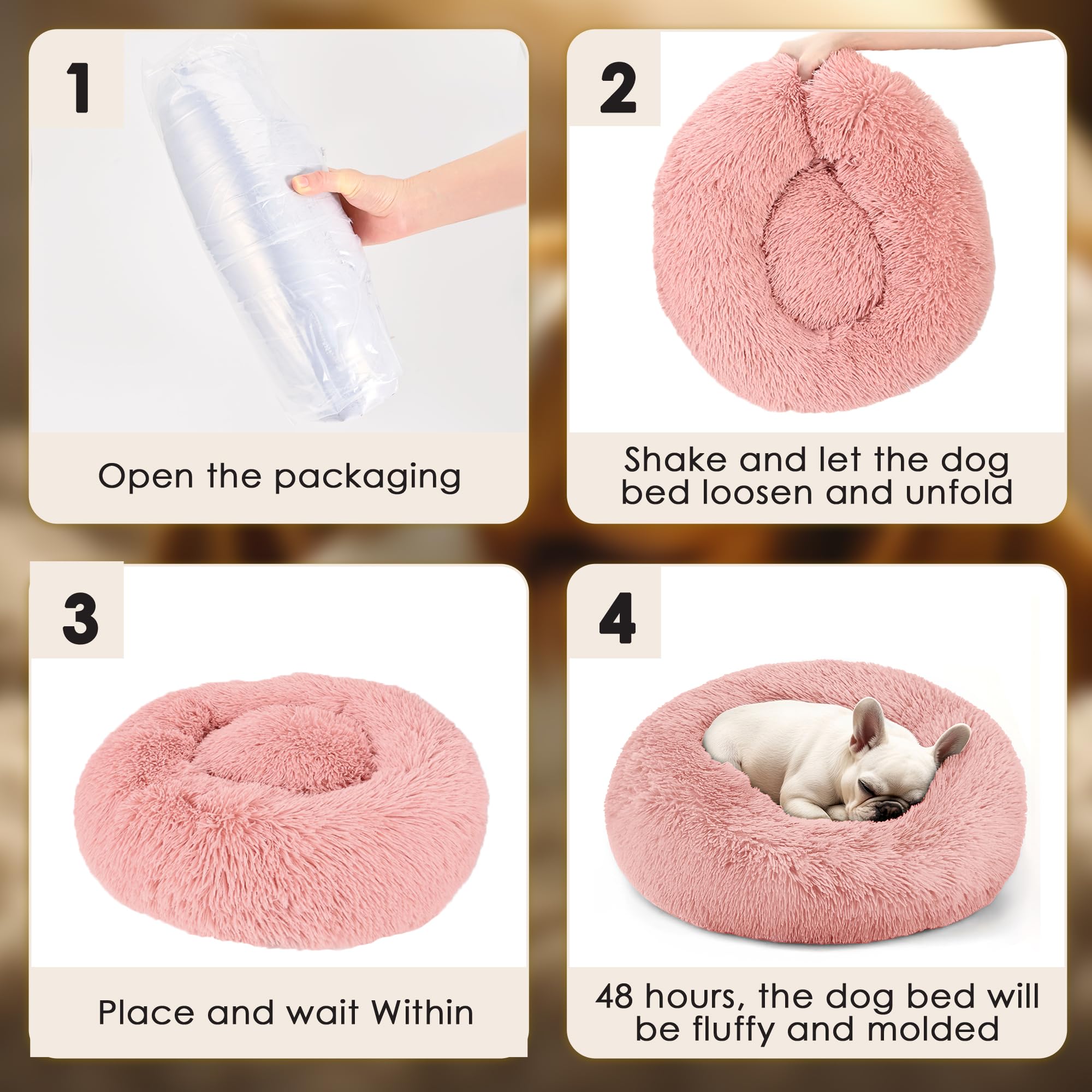 Hoewina pink round bed in a living room invites pets to relax near family.