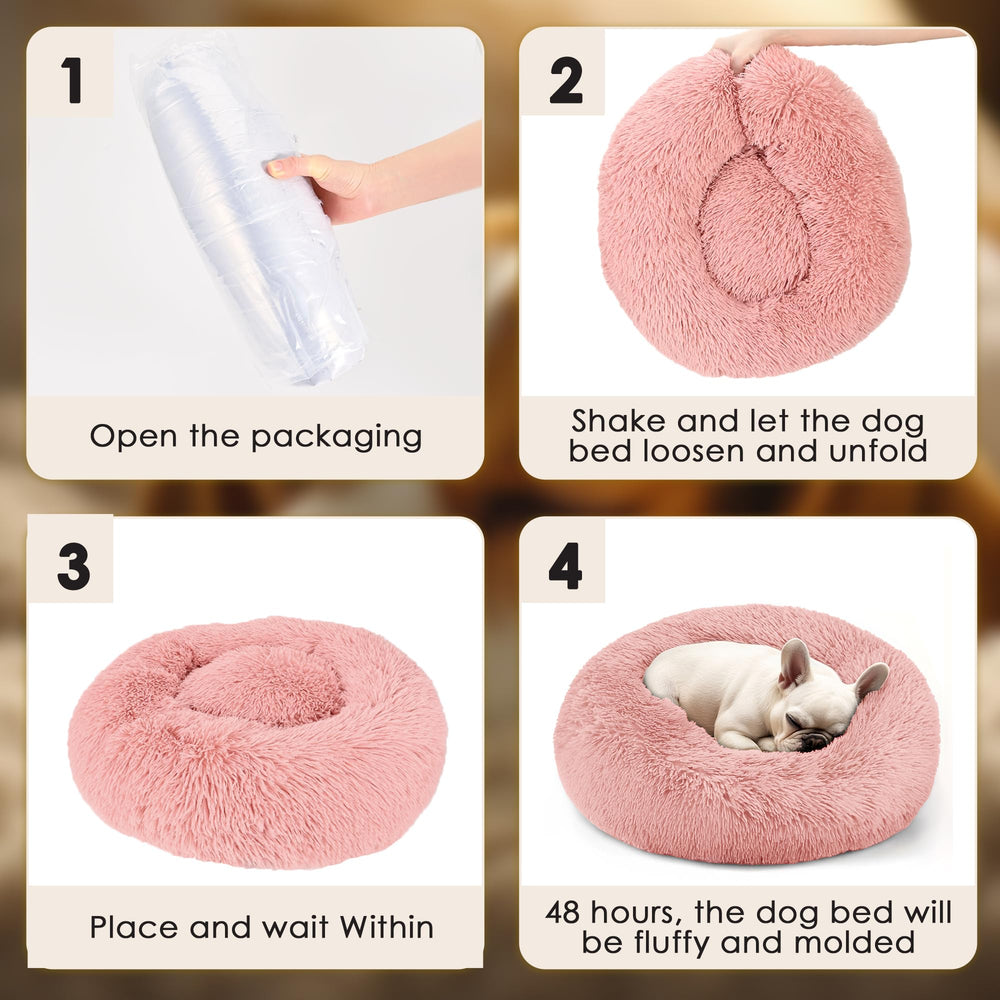 Hoewina pink round bed in a living room invites pets to relax near family.