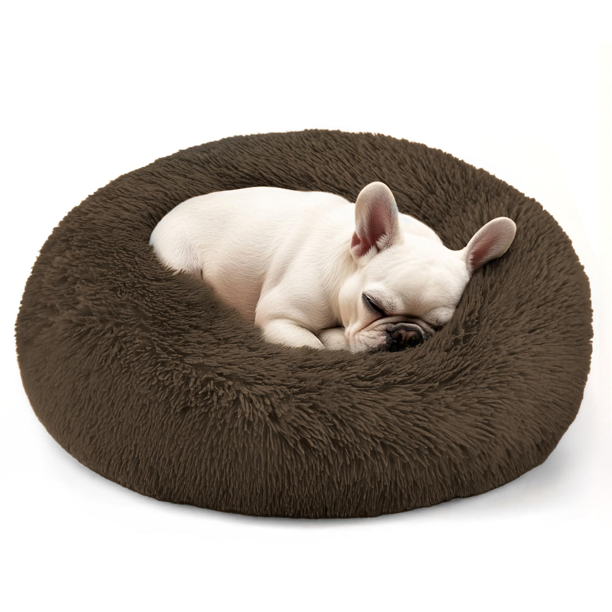 Hoewina round dog bed in coffee with front view showing cozy nest design for small dogs