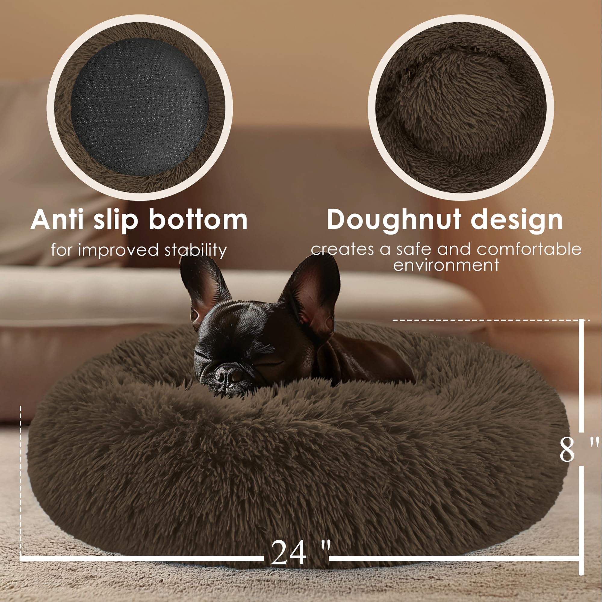 Hoewina round dog bed in coffee raised edges supporting head and neck