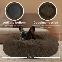 Hoewina round dog bed in coffee raised edges supporting head and neck