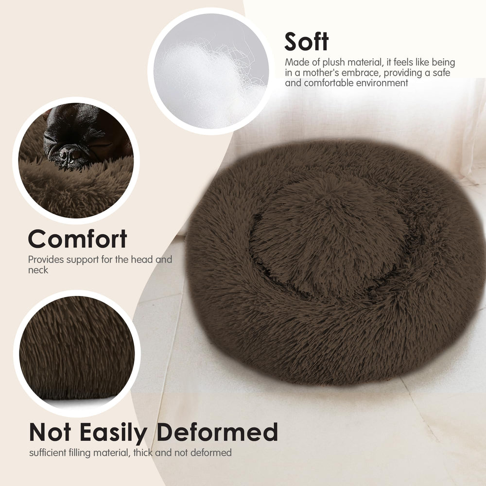 Hoewina round dog bed in coffee plush fabric with soft filling close-up