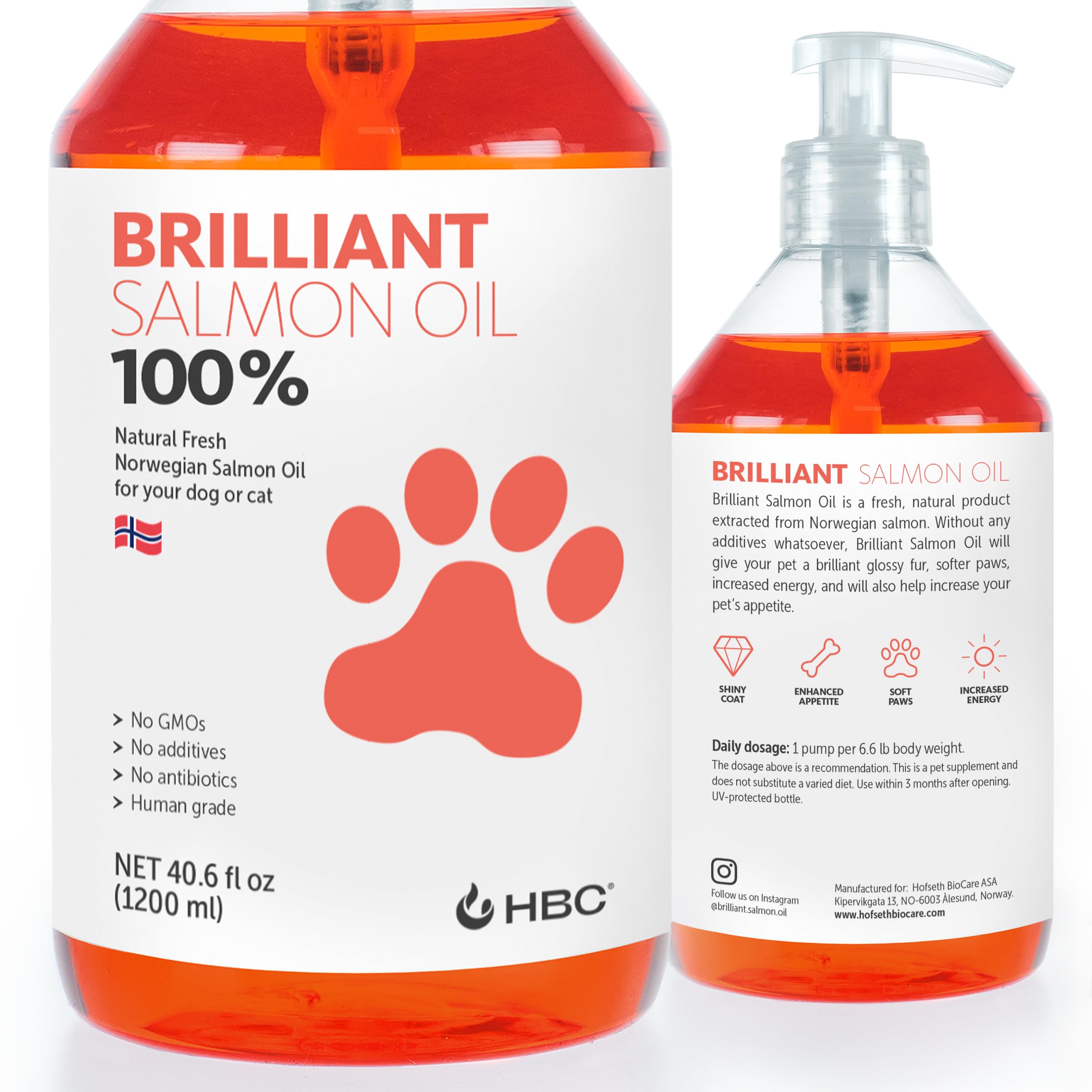 Hofseth BioCare Brilliant Salmon Oil bottle close-up for healthy coat and skin support