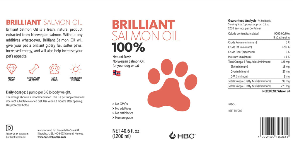Hofseth BioCare Brilliant Salmon Oil label shows 42-month shelf life and premium quality