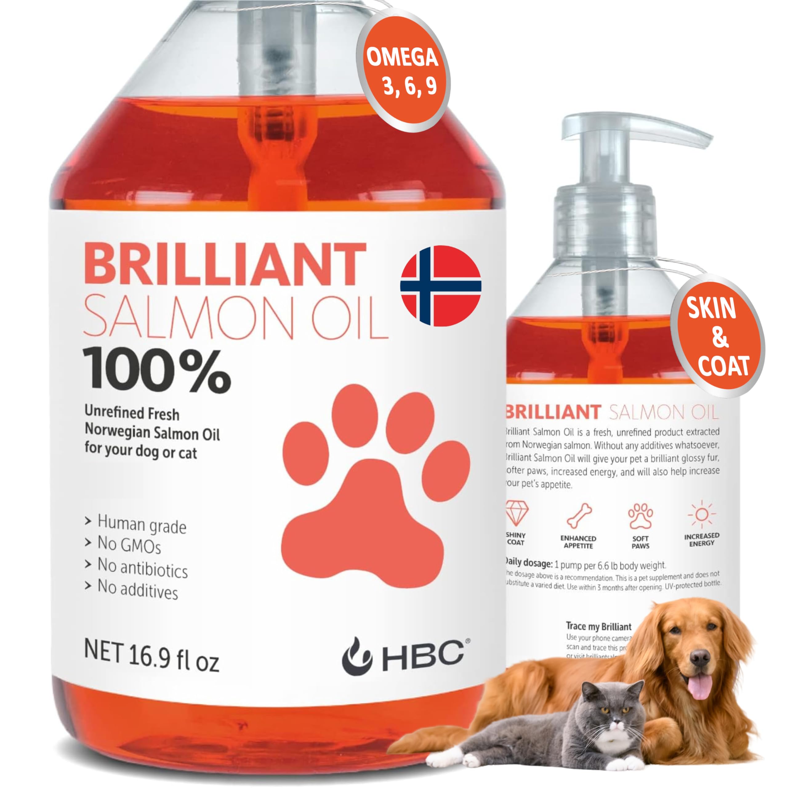 Hofseth BioCare Salmon Oil being poured for dogs to support a healthy coat.