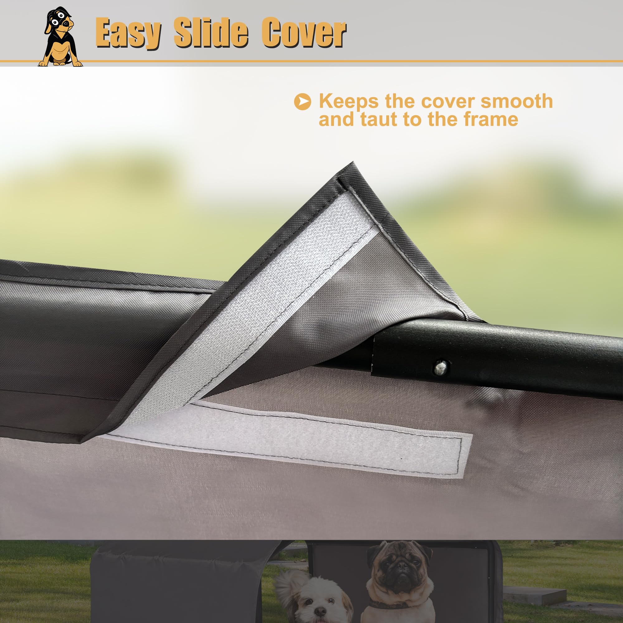 Hohuqeri waterproof cover on pet shelter keeps pets dry during light rain showers.