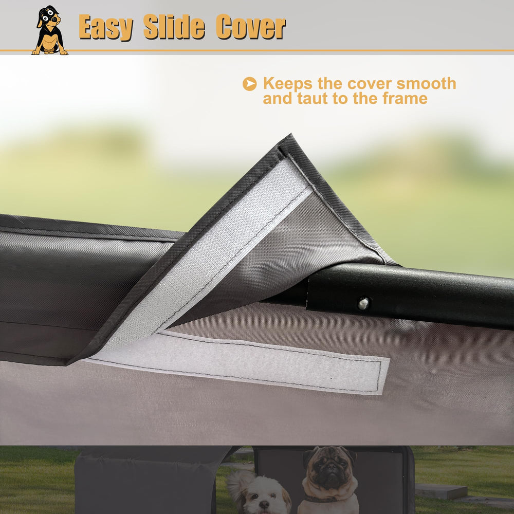 Hohuqeri waterproof cover on pet shelter keeps pets dry during light rain showers.