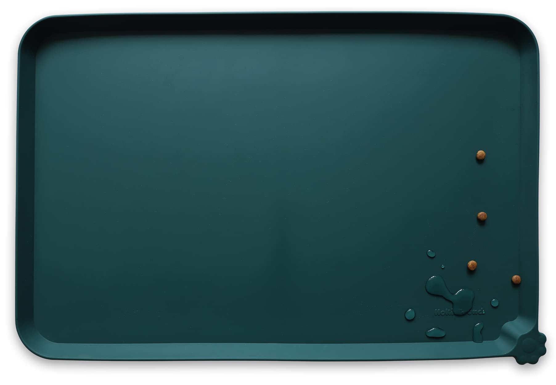 Hoki Found large silicone pet food mat, dark cedar, top view, keeps floors clean.