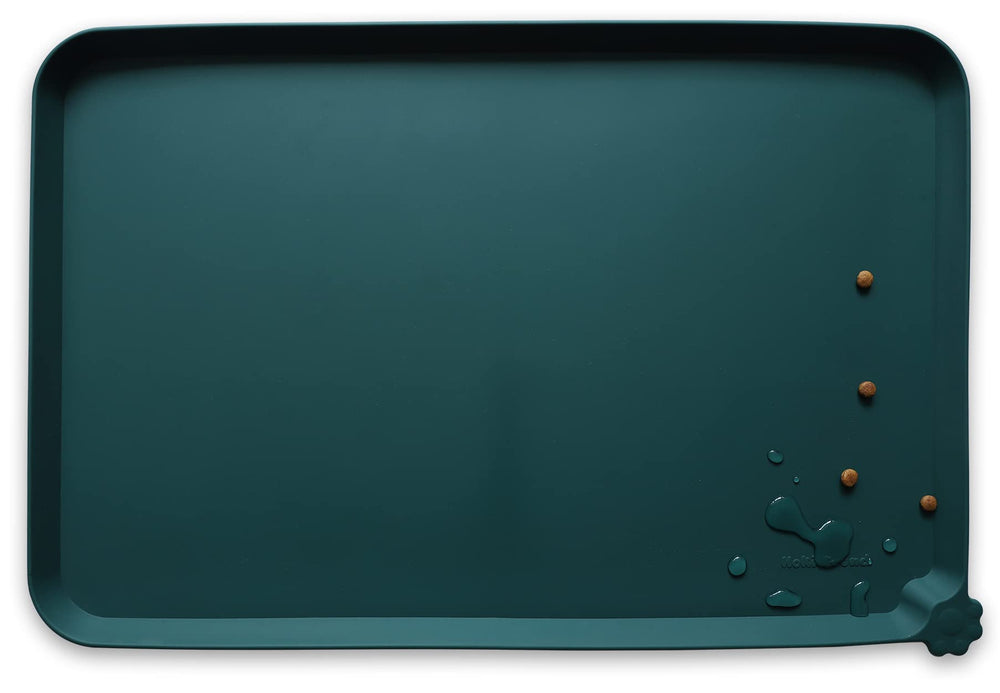 Hoki Found large silicone pet food mat, dark cedar, top view, keeps floors clean.