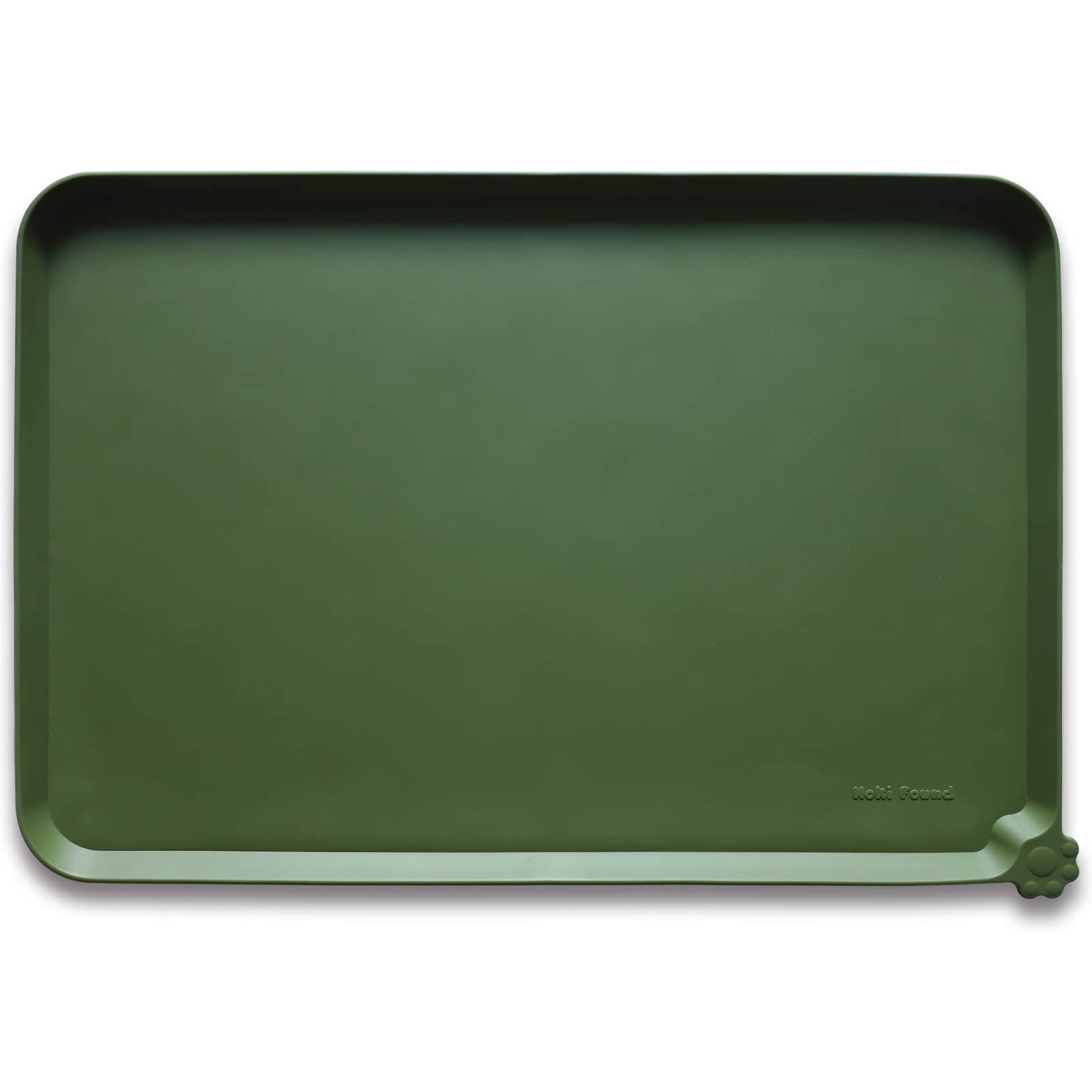 Hoki Found L silicone non-slip bowl mats in dark olive with raised edge for mess-free feeding.