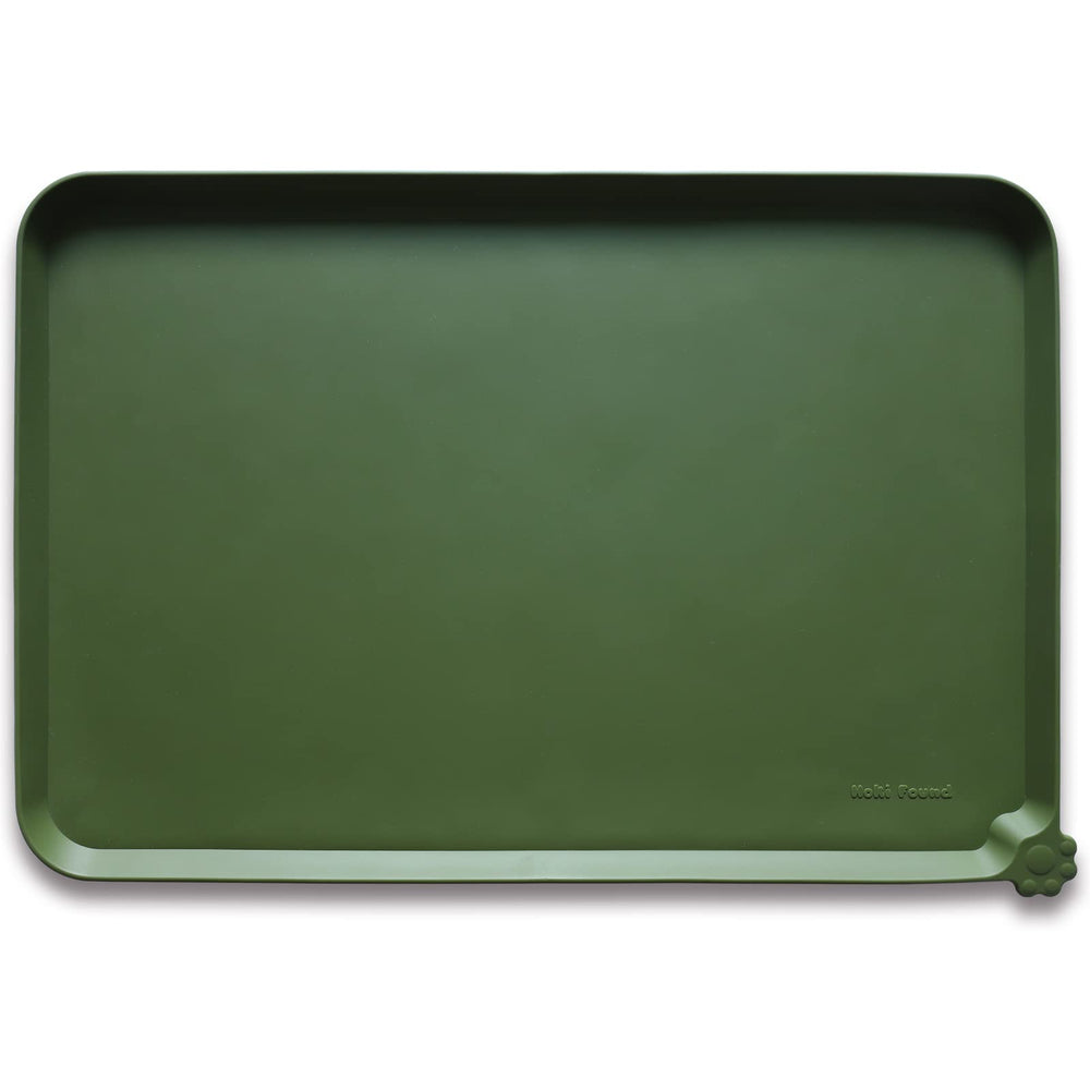 Hoki Found silicone pet food mat, front view, helps keep feeding area clean.