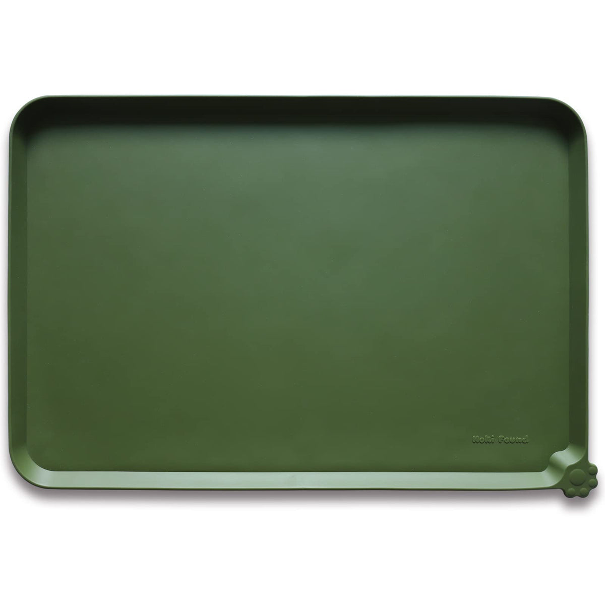 Hoki Found silicone pet food mat, front view, helps keep feeding area clean.