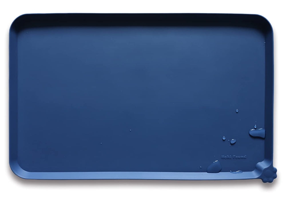 Hoki Found silicone pet food mat flat lay in Indigo Ink keeps bowls steady and clean