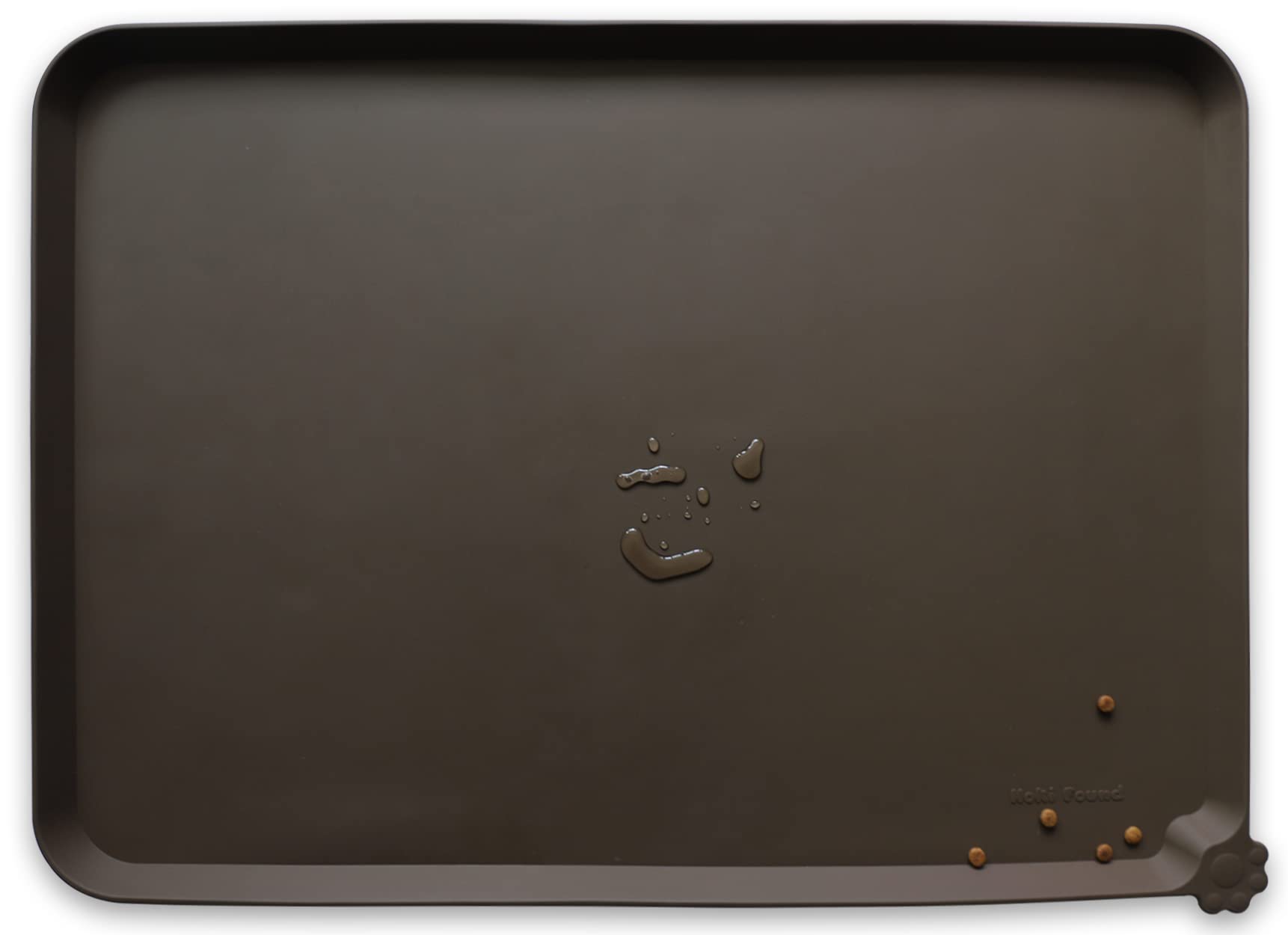 Hoki Found X-Large silicone pet food mat tray coffee, top view showing spill protection