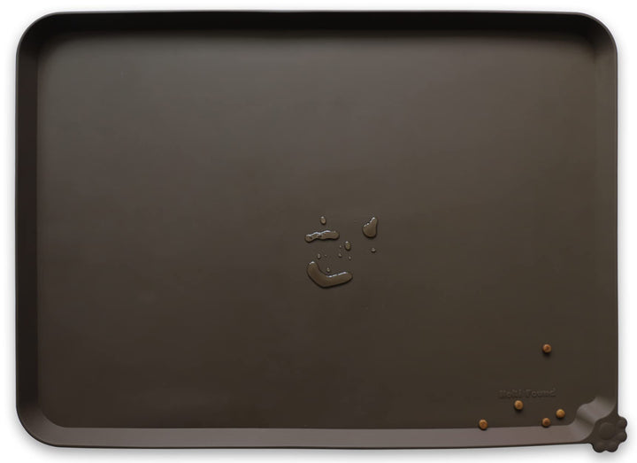 Hoki Found X-Large silicone pet food mat tray coffee, top view showing spill protection