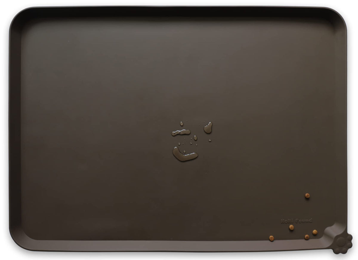 Hoki Found X-Large silicone pet food mat tray coffee, top view showing spill protection