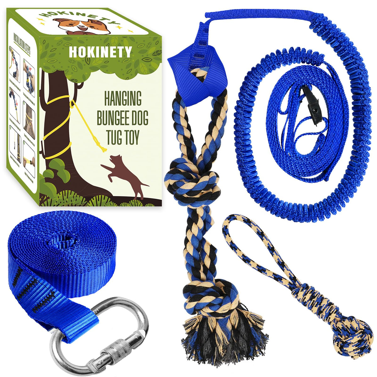 HOKINETY dog hanging bungee tug toy in a tree for interactive outdoor play