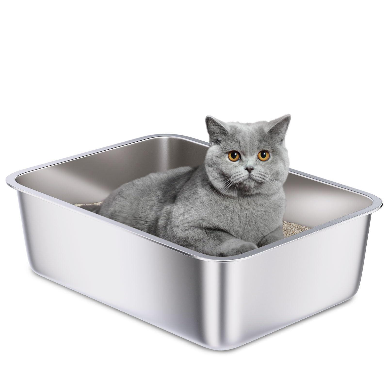 Holintan stainless steel litter box front view showing compact yet durable metal design.