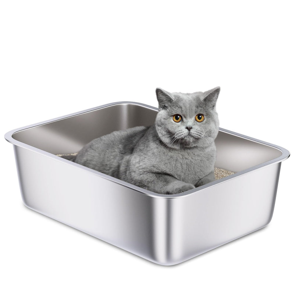 Holintan stainless steel litter box front view showing compact yet durable metal design.