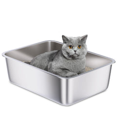 Holintan stainless steel litter box front view showing compact yet durable metal design.