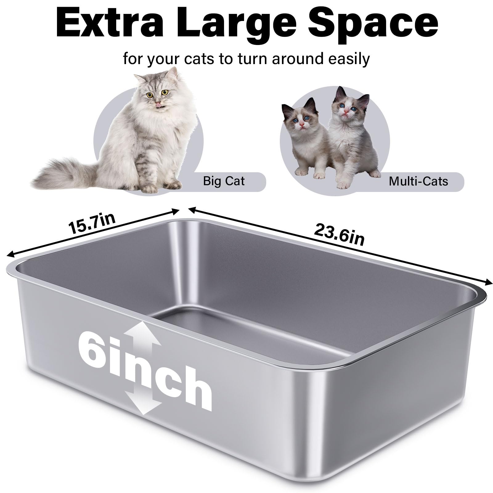 Holintan stainless steel litter box 2-pack side view emphasizes sturdy metal construction for multi-cat homes.