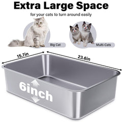 Holintan stainless steel litter box 2-pack side view emphasizes sturdy metal construction for multi-cat homes.